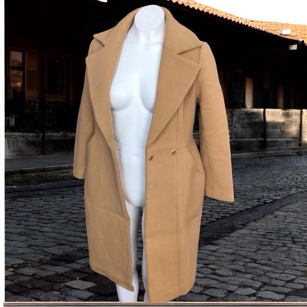 PUXUI Rare Timeless Tan Wool Blend Trench Coat with Notched Lapels size Medium